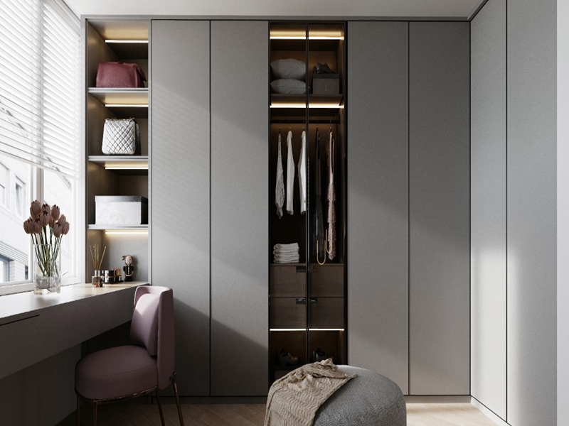 RNew Design Bedroom Wardrobe Grey PVC Membrane Finish Solid Wood Wardrobe