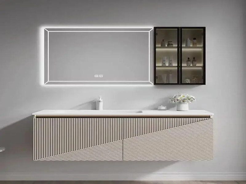 Wooden Bathroom Cabinet with Geometric Shape and Light Lacquer Finish in Modern Style