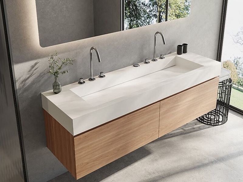 Modern Style Melamine Woodgrain Finish Solid Wood Bathroom Cabinet with Integrated Sink Design